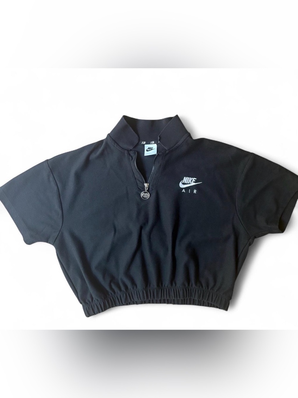 Nike Air Black Pique Cropped 1/4 Zip Polo Shirt Gathered Waist Sz L